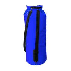 Blue waterproof dry bag from portwest. Bag has black carry straps and tightens at the top.