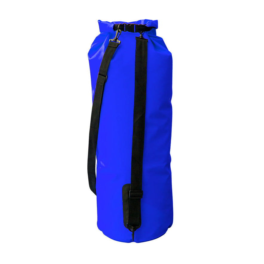 Blue waterproof dry bag from portwest. Bag has black carry straps and tightens at the top.