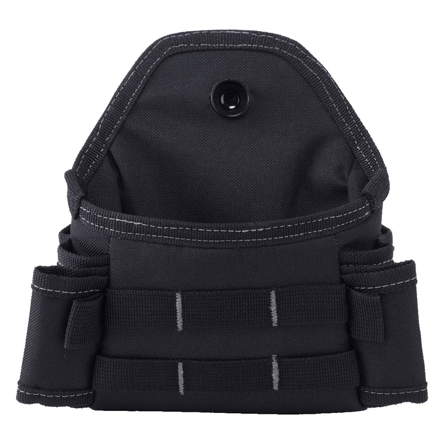 Portwest Modular Trouser Tape Pocket in black with multiple pockets on edge of one big pocket and clip on button.