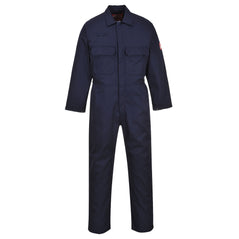 Bizweld Flame retardant Coverall in Navy with two chest pockets and a pen loop on the chest.