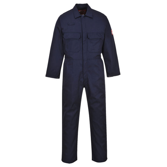 Bizweld Flame retardant Coverall in Navy with two chest pockets and a pen loop on the chest.