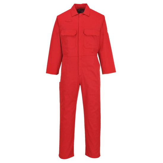 Bizweld Flame retardant Coverall in red with two chest pockets and a pen loop on the chest.