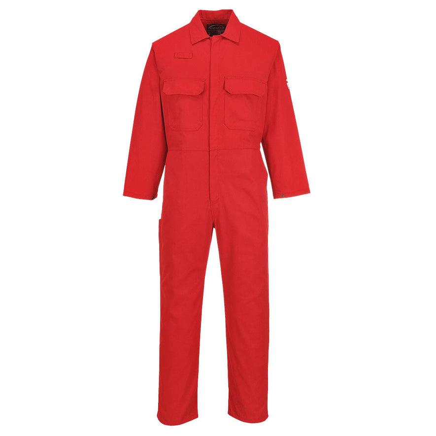Bizweld Flame retardant Coverall in red with two chest pockets and a pen loop on the chest.