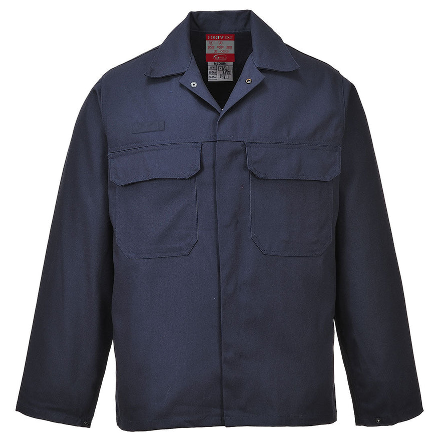 Bizweld Jacket in navy with chest pockets and pen loop.	