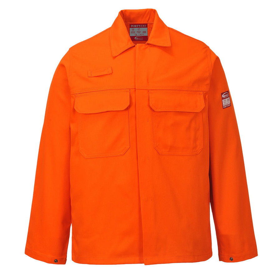 Bizweld Jacket in orange with chest pockets and pen loop.	