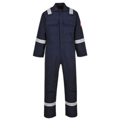 Bizweld Flame retardant Coverall in navy with two chest pockets and a pen loop on the chest. Coverall has hi vis bands on the legs, arms and shoulders,