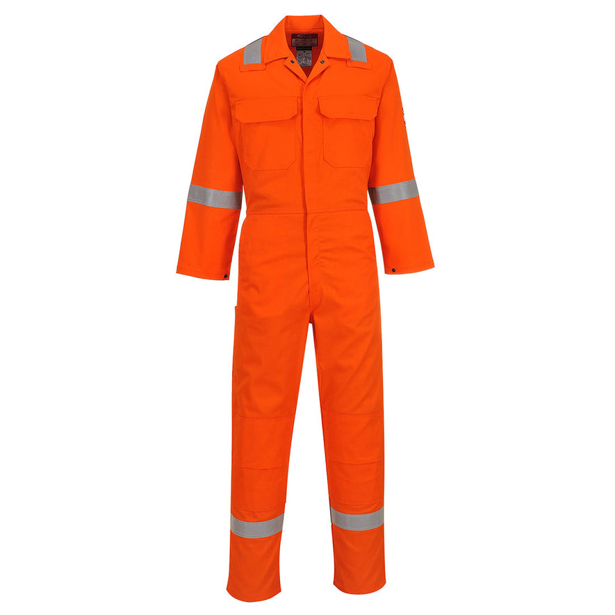 Bizweld Flame retardant Coverall in orange with two chest pockets and a pen loop on the chest. Coverall has hi vis bands on the legs, arms and shoulders,