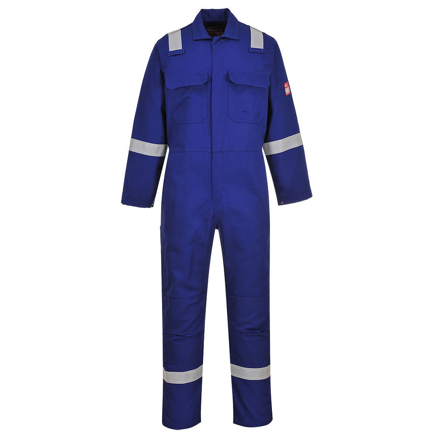 Bizweld Flame retardant Coverall in royal blue with two chest pockets and a pen loop on the chest. Coverall has hi vis bands on the legs, arms and shoulders,