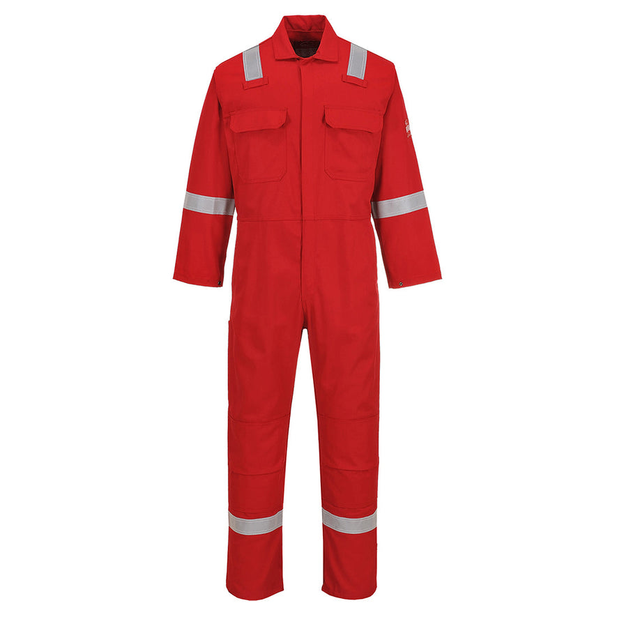 Bizweld Flame retardant Coverall in red with two chest pockets and a pen loop on the chest. Coverall has hi vis bands on the legs, arms and shoulders,