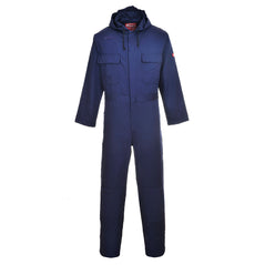 Bizweld Flame retardant Coverall in Navy with two chest pockets and a pen loop on the chest. Coverall also has a hood and this is tie fasten.