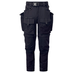 Portwest Ultimate Modular 3-in-1 Trousers in black with multiple pockets all over, reflective stripes on flaps of front pockets, zips above the knee to convert trousers into shorts, metal triangle loop on waist band and belt with metal buckle.