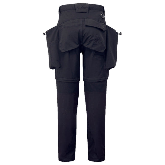 Back of Portwest Ultimate Modular 3-in-1 Trousers in black with waist band, rear and side pockets,zips above the knee to convert trousers into shorts and clip on button.