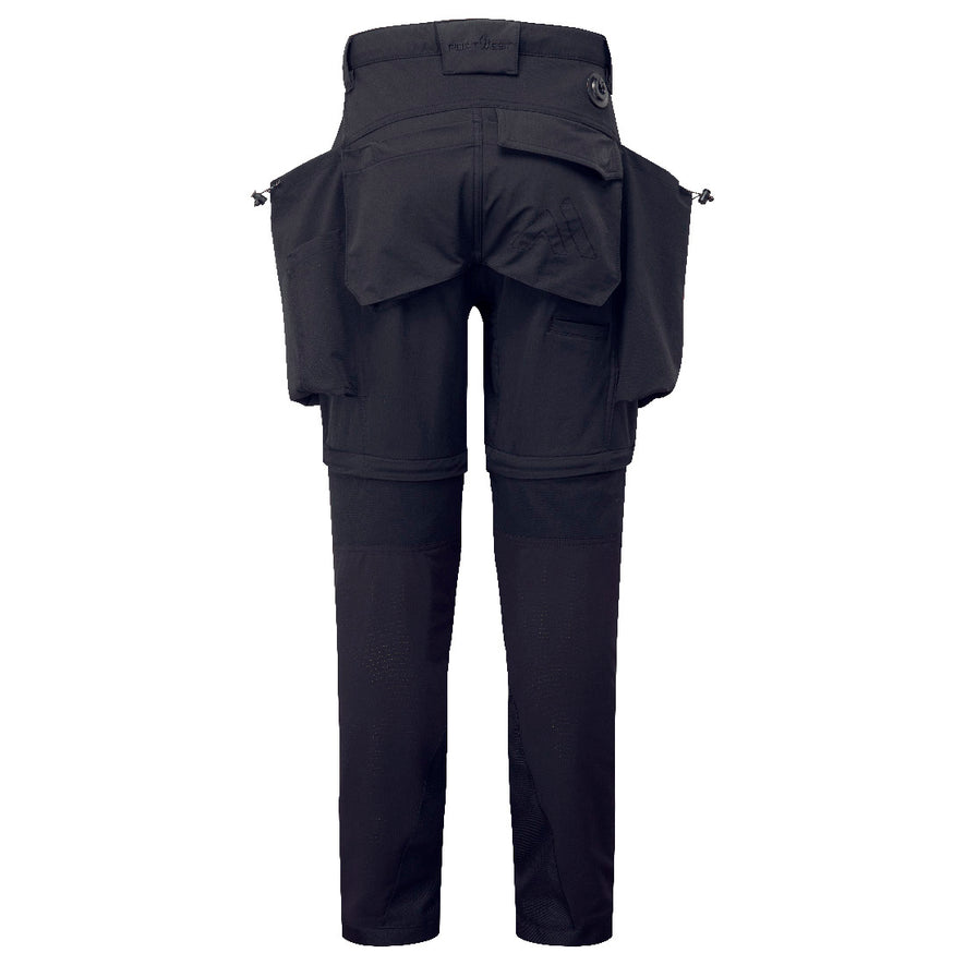 Back of Portwest Ultimate Modular 3-in-1 Trousers in black with waist band, rear and side pockets,zips above the knee to convert trousers into shorts and clip on button.