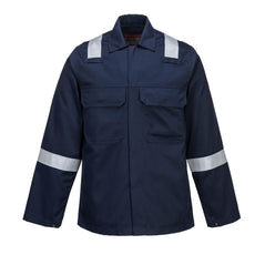 Navy Bizweld Jacket with hi-vis strips on arm and shoulders with chest and side pockets
