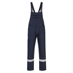 Navy bizweld fire retardant bib and brace with large front pocket and shoulder straps. Bib and brace has hi vis bands on the ankles.