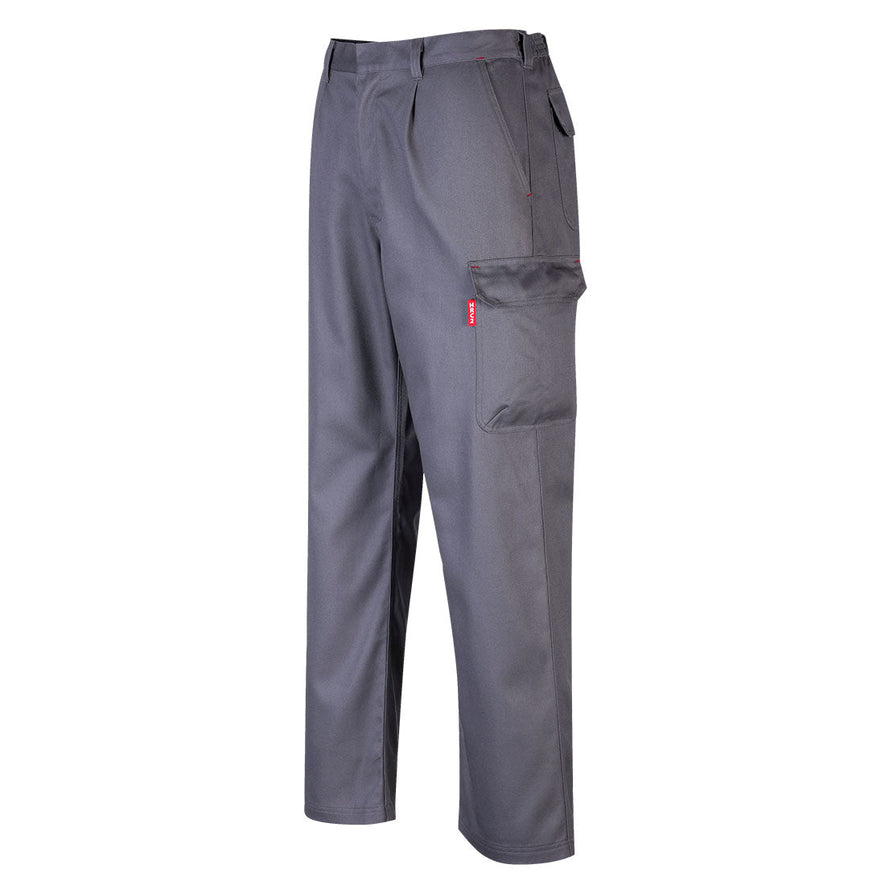 Grey bizweld fire retardant cargo trousers with belt loops and cargo style pockets.