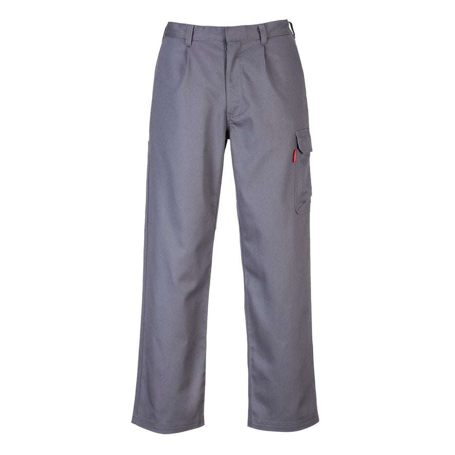Grey bizweld fire retardant cargo trousers with belt loops and cargo style pockets.