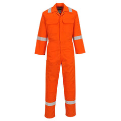 Portwest Bizweld Classic Coverall in orange with reflective tape on shoulders, arms and legs. Flap over zip closure down front and two front pockets with flaps on chest.