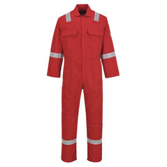 Portwest Bizweld Classic Coverall in red with reflective tape on shoulders, arms and legs. Flap over zip closure down front and two front pockets with flaps on chest.
