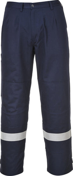Navy Bizflame Plus trouser with belt loops and reflective strips on shins.