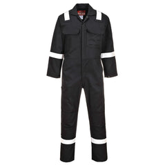 Bizweld Flame retardant Coverall in black with two chest pockets and a pen loop on the chest. Coverall has hi vis bands on the legs, arms and shoulders,