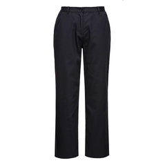Black Portwest Rachel Ladies chef trousers. Trousers have an elasticated waist and belt loops.
