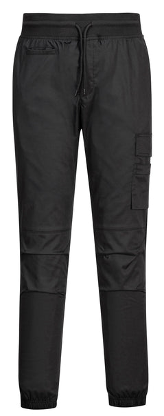 Portwest Stretch Chefs Joggers in black with elasticated waist with drawstring, pockets on front and side and knee pad patches.