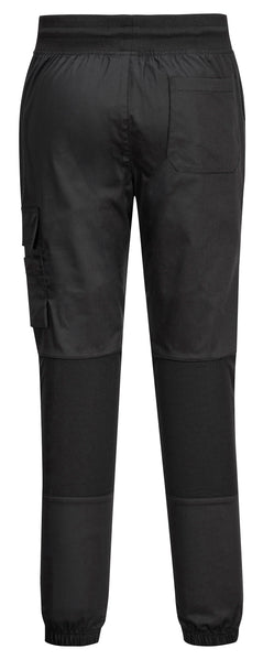 Back of Portwest Stretch Chefs Joggers in black with elasticated waist, pockets on back and side and mesh knee pad patches.