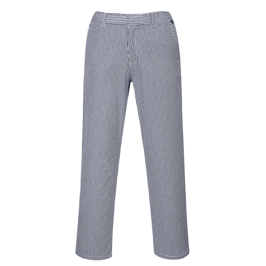 Black and white check chefs trousers with belt loops.