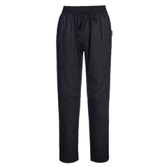 Portwest Cotton Mesh Air Chef Trousers in black with elasticated waist with drawstring.