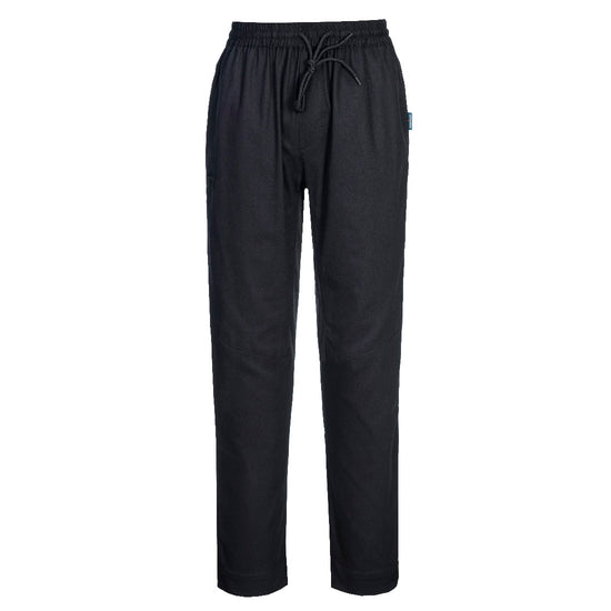 Portwest Cotton Mesh Air Chef Trousers in black with elasticated waist with drawstring.