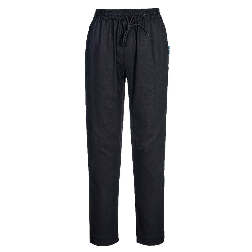 Portwest Cotton Mesh Air Chef Trousers in black with elasticated waist with drawstring.