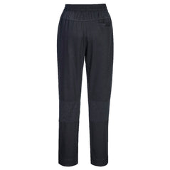Back of Portwest Cotton Mesh Air Chef Trousers in black with elasticated waist and pocket on back.
