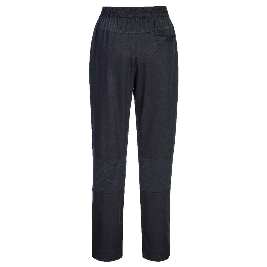 Back of Portwest Cotton Mesh Air Chef Trousers in black with elasticated waist and pocket on back.