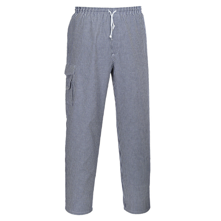 Blue and white checked chefs trousers with drawstring fasten.
