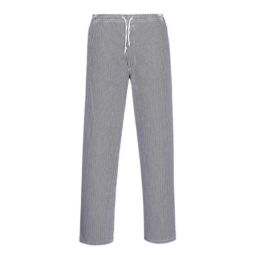 blue and white check chefs trousers with drawstring tighten.