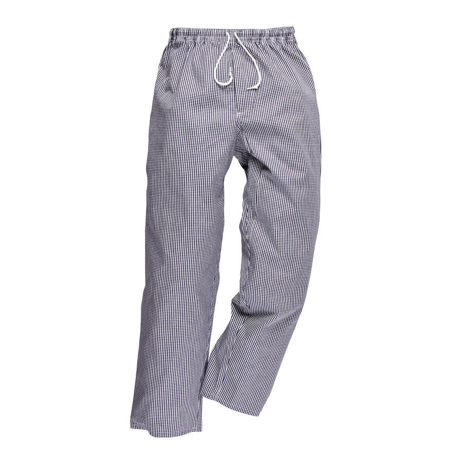 blue and white check chefs trousers with drawstring tighten.