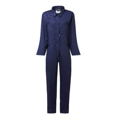 Portwest Women's Coverall in navy with collar, flap over fastening, front zip pockets and elasticated waist band.
