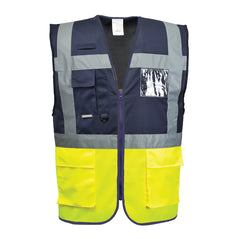 Yellow and navy Hi vis paris executive vest with two tone accents of navy at the top of the vest. Two waist bands and shoulder bands. Vests are Zip fasten and have Front pockets, D loop, a chest pocket, a pen pocket and Id badge holder.