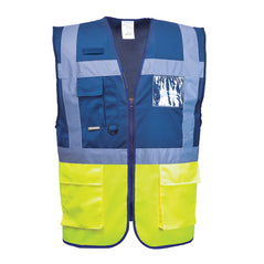 Yellow and Ruby Blue Hi vis paris executive vest with two tone accents of ruby blue at the top of the vest. Two waist bands and shoulder bands. Vests are Zip fasten and have Front pockets, D loop, a chest pocket, a pen pocket and Id badge holder.