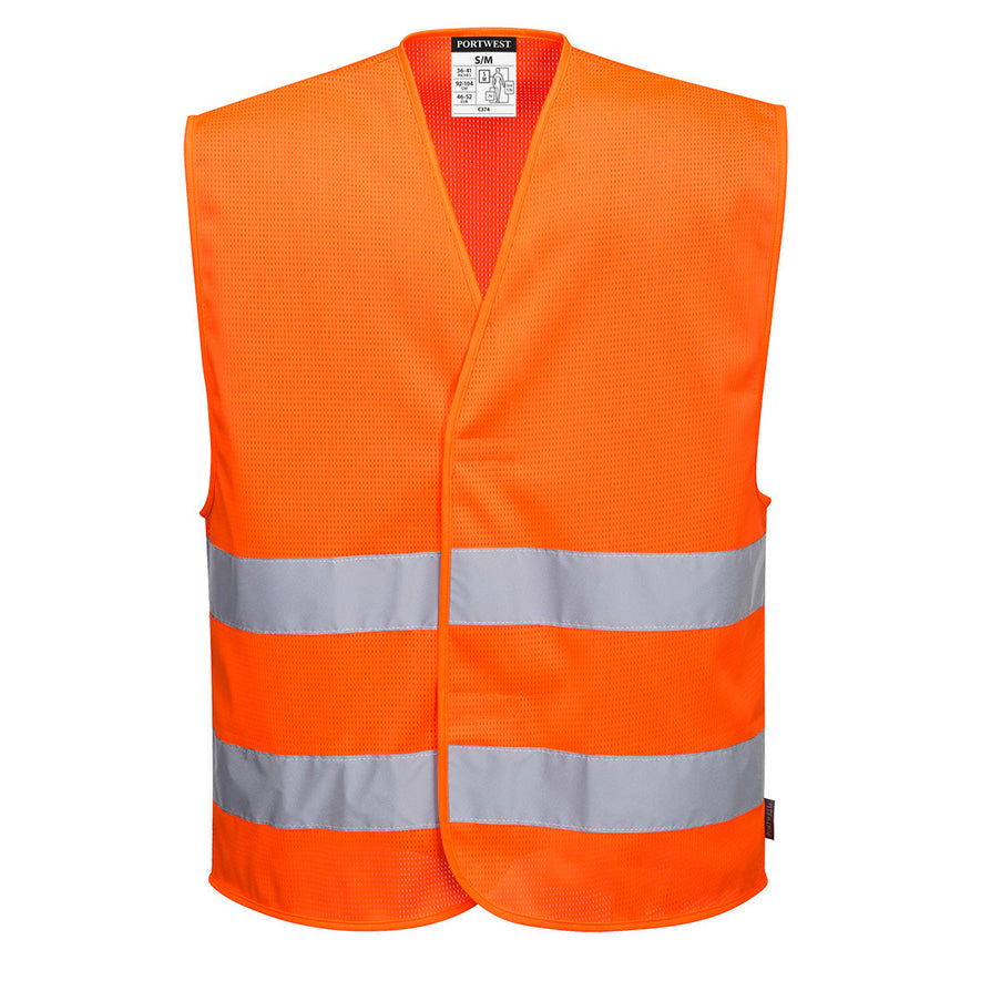 Orange Portwest Mesh Air Hi-Vis Vest. Vest has hi vis strips on the body.
