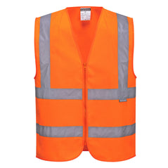 Orange hi-vis vest with hi vis bands on the waist and shoulders. Vest is vip fasten.