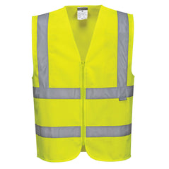 Yellow hi-vis vest with hi vis bands on the waist and shoulders. Vest is vip fasten.
