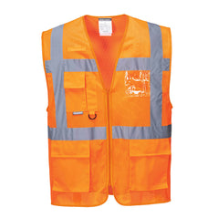 Orange mesh executive vest, zip fasten with side pockets and chest pocket with d loop. Vests have waist bands and shoulder bands
