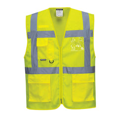 Yellow mesh executive vest, zip fasten with side pockets and chest pocket with d loop. Vests have waist bands and shoulder bands