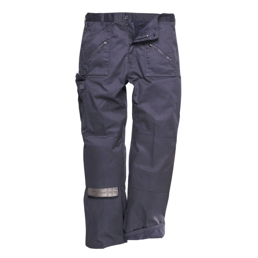 Navy Lined action trousers with zip side pockets and kneepad pockets.