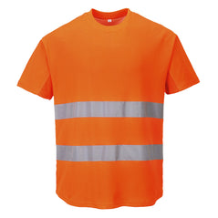 Portwest Orange Mesh hi vis t-shirt. Shirt has short sleeves and two hi vis waist bands across the body.