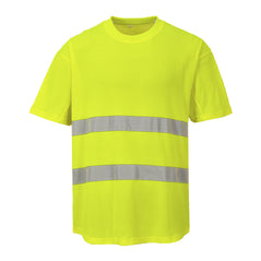 Portwest Yellow Mesh hi vis t-shirt. Shirt has short sleeves and two hi vis waist bands across the body.