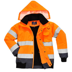 Orange Hi vis bomber jacket with two waist bands and arm bands. Pop button and zip fasten with waist pockets and chest pocket and visible hood. Navy contrast on the bottom of the arms and body