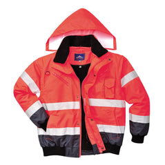 Red Hi vis bomber jacket with two waist bands and arm bands. Pop button and zip fasten with waist pockets and chest pocket and visible hood. Navy contrast on the bottom of the arms and body.